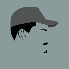 Silhouette of a guy. Portrait. Avatar. Icon. Facial contours. Bearded man in a baseball cap. Stylish guy. Male head. Man head silhouette. Flat colored Male illustration.