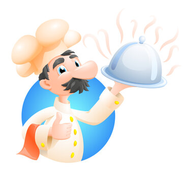 Funny fat cartoon Chief cook character with delicious dish illustration. Gradient illustration.