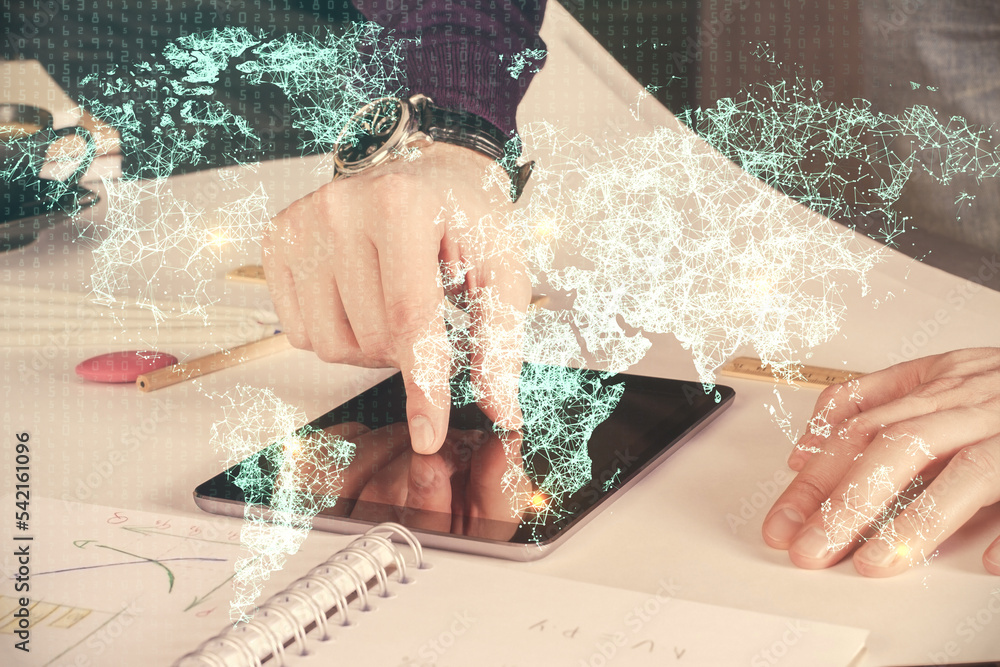 Aufkleber double exposure of man's hands holding and using a phone and social network theme drawing.