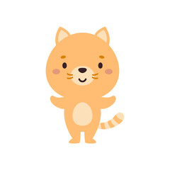 Cute little cat on white background. Cartoon animal character for kids cards, baby shower, invitation, poster, t-shirt composition, house interior. Vector stock illustration