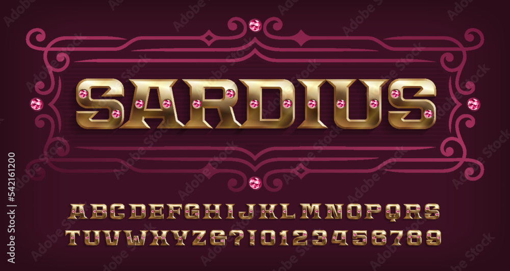 Poster sardius alphabet font. gold letters and numbers with red gemstones. stock vector typeface for your d