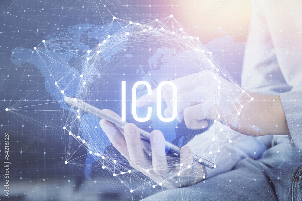 Poster double exposure of man's hands holding and using a phone and crypto currency blockchain theme drawin