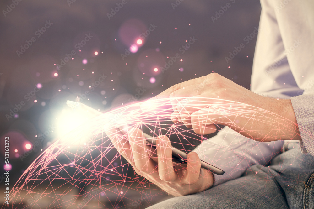 Poster double exposure of man's hands holding and using a phone and social network theme drawing.