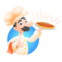 funny cartoon illustration of a pizza chef. Italian cook holding a delicious pizza. Isolated on white. Gradient illustration.
