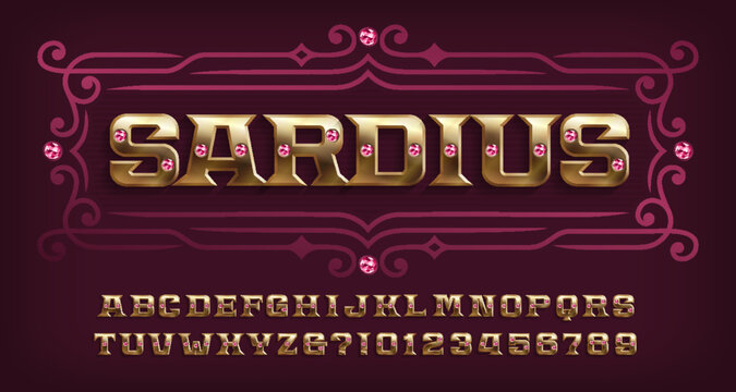 Sardius alphabet font. Gold letters and numbers with red gemstones. Stock vector typeface for your design.