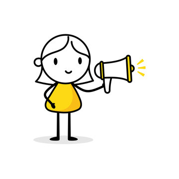 Woman announcing something in a megaphone in his hand. Promotion concept. Vector stock illustration