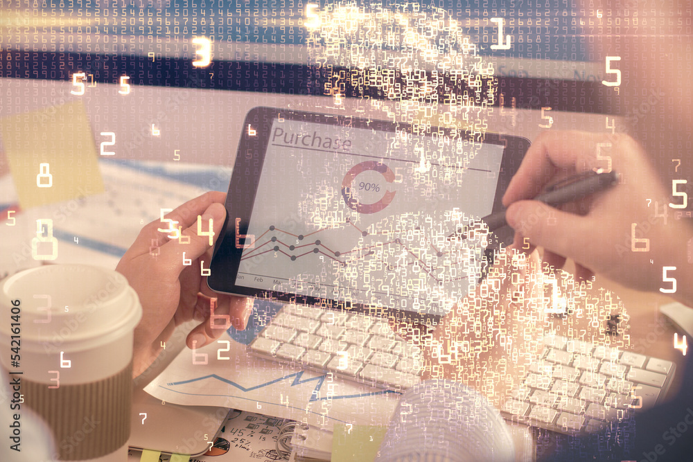 Poster Double exposure of man's hands holding and using a digital device and tech theme hologram drawing. Technology concept.