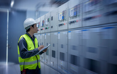 The engineer checking and inspecting at MDB panel .he working with electric switchboard to check range of voltage working in Main Distribution Boards factory.