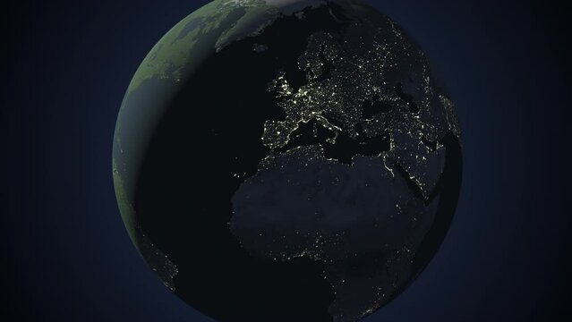 Seamless looping animation of the earth at night zooming in to the 3d map of Slovakia with the capital and the biggest cites in 4K resolution