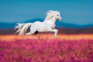 a white horse runs across a colorful meadow