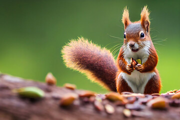 een rode eekhoorn zit op een tak en eet een noot