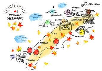 秋の島根の観光地シンプル線画イラストマップ