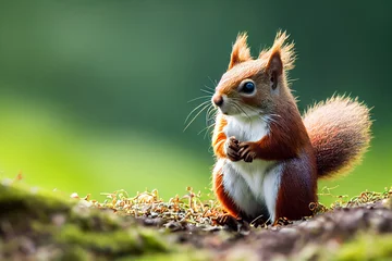 Deurstickers a red squirrel sitting on the ground © Paulina