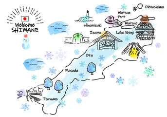 冬の島根の観光地シンプル線画イラストマップ