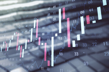 Multi exposure of abstract virtual financial graph hologram on blurry abstract metal background,...