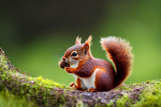 Fototapeta a red squirrel sits on a branch and eats a nut
