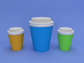 paper coffee cup 3 variant collor  with blank label in 3D illustration floating on blue background