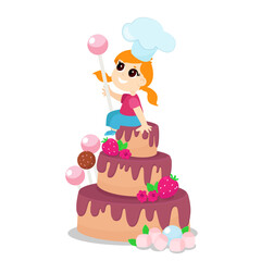 Cake three tiers with candles and chocolate cream, marshmallow, candy pop, lollipop in cartoon style isolated on white background. Vector illustration for holiday design.