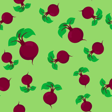 Seamless pattern beets on a green background. Vegetables in cartoon background for textile, packaging and kitchen design.