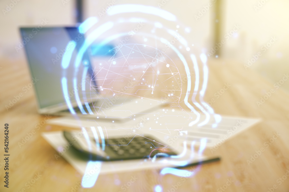 Aufkleber Abstract virtual artificial Intelligence concept with human head sketch on blurry calculator and computer background. Double exposure