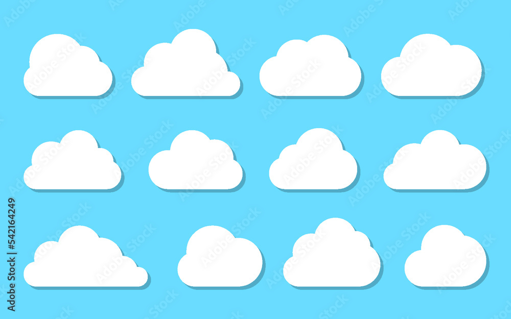 Poster clouds white flat icon set isolated on blue sky. different shape cloud abstract web banner template 