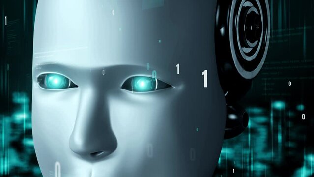 Futuristic robot artificial intelligence huminoid AI programming coding technology development and machine learning concept. Robotic bionic science research for future of human life. 3D rendering.