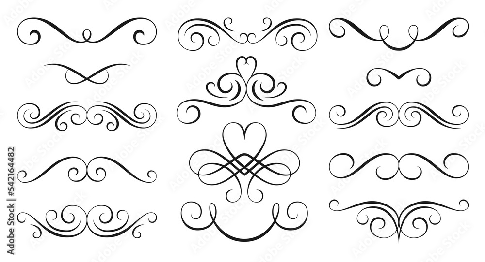 Poster vintage curl linear decor. calligraphic swashes border design elements. decorative page delimiters. 