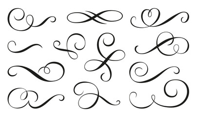 Swirl delimiter ornament, live line flourish set. Filigree vignette ornamental curls. Decorative separator for menu, certificate, diploma, wedding card, invatation, outline text divider