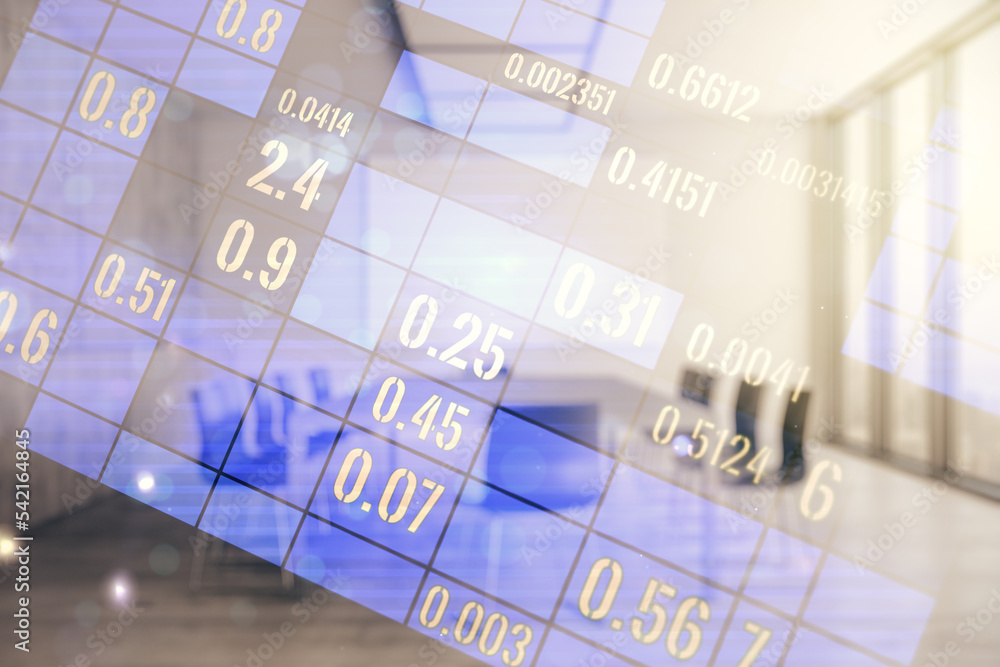 Poster multi exposure of abstract statistics data hologram interface on a modern furnished office interior 