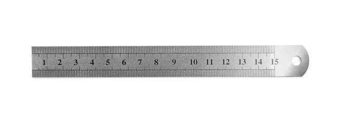 Metal ruler with measuring length markings in centimeters isolated on white, top view