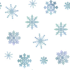 Fototapeta premium Watercolor snow seamless pattern. Hand drawn textured gradient blue snowflakes on white background. Beautiful classic snowflakes endless background. 