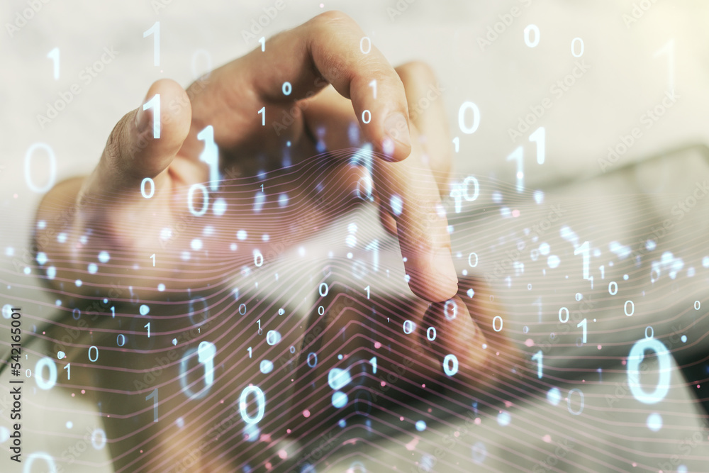 Aufkleber creative abstract binary code hologram and finger presses on a digital tablet on background, ai and 