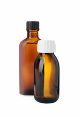Bottles of syrups on white background. Cough and cold medicine