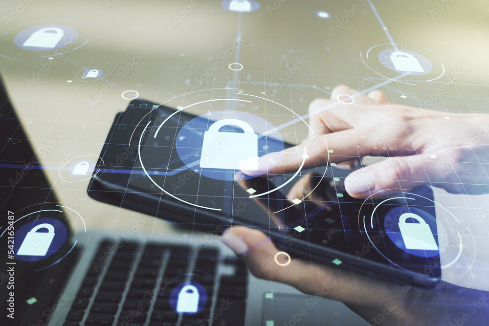 Poster creative lock sketch with chip hologram and hand working with a digital tablet on background, protec