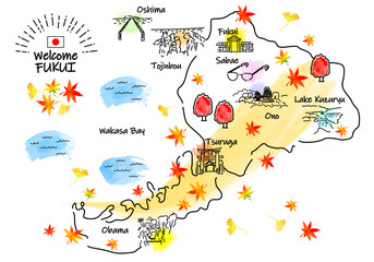 秋の福井の観光地シンプル線画イラストマップ