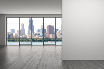 Downtown Chicago City Skyline Buildings Window background. Mock up copy space wall. Empty office room Interior Skyscrapers, View Lake Michigan waterfront. Cityscape. Day time. 3d rendering.