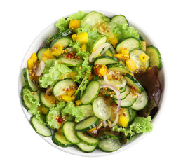 Bowl of delicious cucumber salad isolated on white, top view