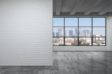 Plakat Downtown Los Angeles City Skyline Buildings from High Rise Window. Beautiful Expensive Real Estate overlooking. Empty room Interior. Mockup wall. Skyscrapers Cityscape. Day. California. 3d rendering.