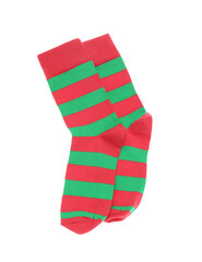 Red and green striped socks on white background, top view