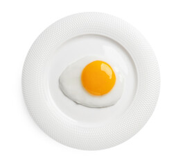 Plate with tasty fried egg isolated on white, top view