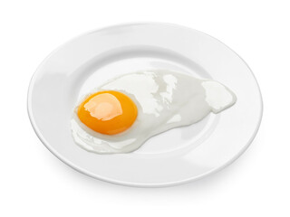 Plate with tasty fried egg isolated on white