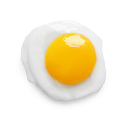 Tasty fried chicken egg isolated on white, top view