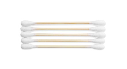 Wooden cotton buds on white background, top view