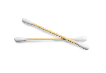 Wooden cotton buds on white background, top view