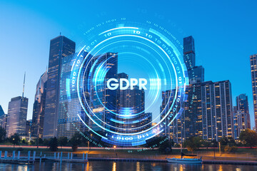 Plakat City view of Downtown skyscrapers of Chicago skyline panorama over Lake Michigan, harbor area at sunset, Illinois, USA. GDPR hologram, concept of data protection regulation and privacy for individuals