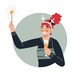 Young woman celebrating Christmas holding a glass of champagne and sparkler