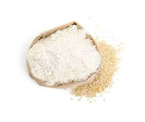 Fototapeta na wymiar Paper bag with quinoa flour and grains isolated on white, top view