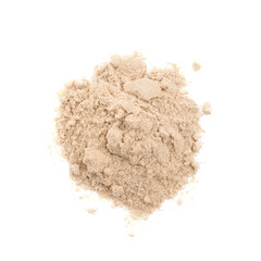 Pile of buckwheat flour isolated on white, top view