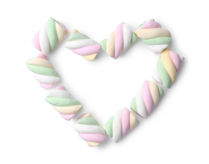 Heart made of delicious colorful marshmallows on white background, top view