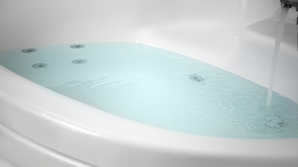 Water running into hot tub in bathroom, closeup